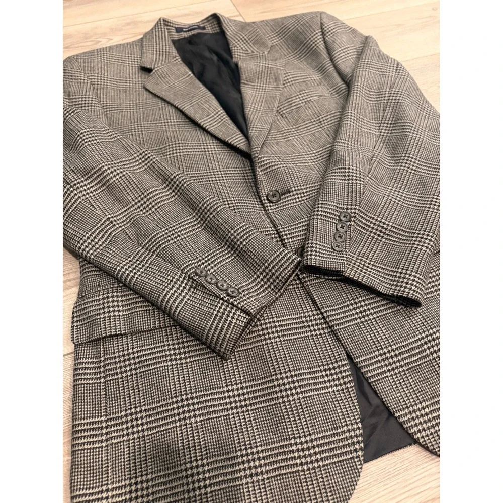 Mens Chaps Ralph Lauren Grey Plaid Two Button Blazer Notched Lapel Sport Coat
